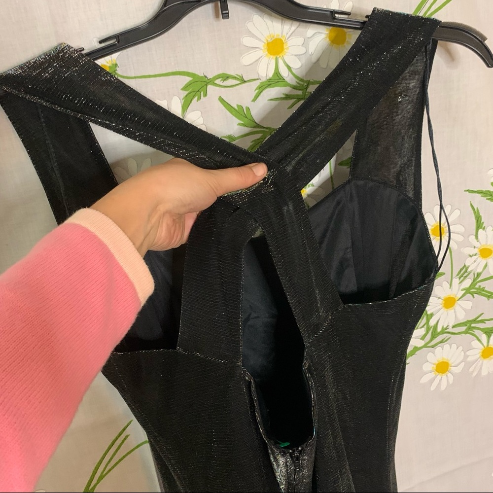 Vintage 90s little silver black cocktail crisscross back flare knee length dress - Picture 6 of 7